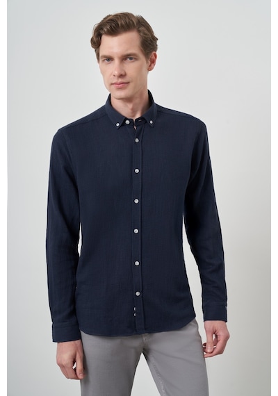 Morven Erkek Lacivert Trend Keten Slim Fit Düğmeli Yaka Gömlek 25ys004013200 Lacivert Lacivert