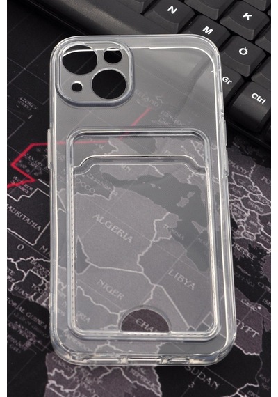 Apple Uyumlu iPhone 13 Kredi Kartlıklı Şeffaf Kılıf Kamera Korumalı