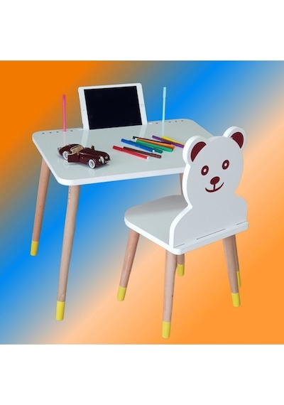 Liva Ahşap Çocuk Aktivite Masa Sandalye Takımı Tekli Ayıcıklı -tablet Ve Kalemlik Yeri, Yaz Sil Özellikli Yüzey Beyaz