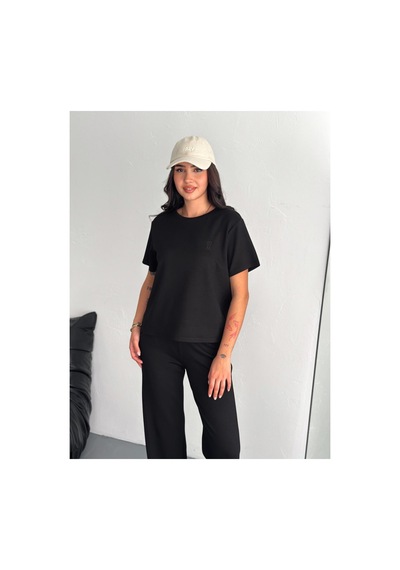 Gugus Kadın Modal Alt/üst Takım Kısa Kollu T-shirt Bol Paça Eşofman Wide Lege Model Siyah