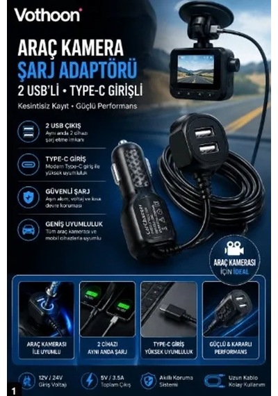 Magicool Araç Kamera Şarj Adaptörü 2 Usb Li Type-c Girişli 3.5 Metre Kablo Uzunluğu Ürün Kamera Değildir