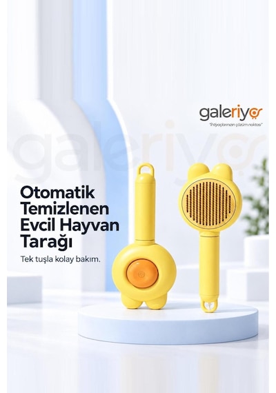 Galeriyo Otomatik Temizlenen Kedi Figürlü Evcil Hayvan Tarağı Sarı Sarı