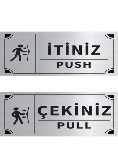 Mayeka İtiniz - Çekiniz Dikdörtgen İkili Levha Set Gümüş Metal Yönlendirme Tabelası Kişiye Özel