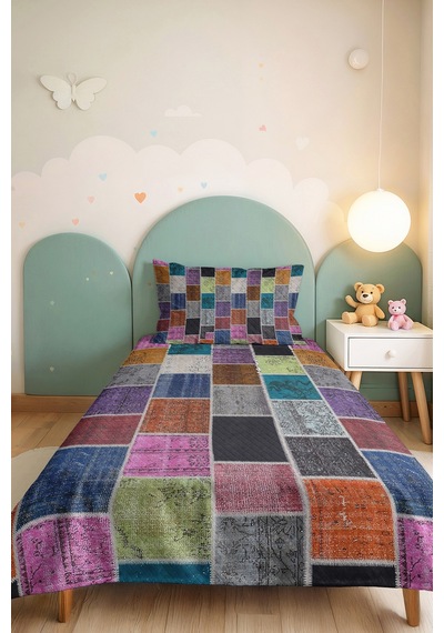 Patchwork Geometrik Renkli Tek Kişilik Dekoratif Pike Takımı-retro Mor Mozaik 160x220cm Yatak Örtüsü Kırçıllı Kireç Harmonu