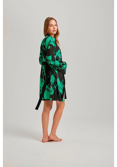 Siyah Çizgili Desen Viskon Kadın Sabahlık Siyah