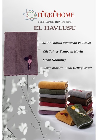 Çiçek Motifli, Kedi Tırnağı Oyalı, Yumuşak Dokulu Pamuk Havlu 50x90 Cm Mor