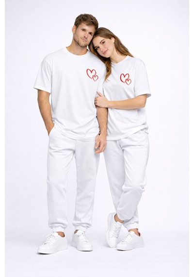 Sevgili Kombini Kalp Baskılı Oversize Çift Tişört Unisex Uyumlu P Beyaz