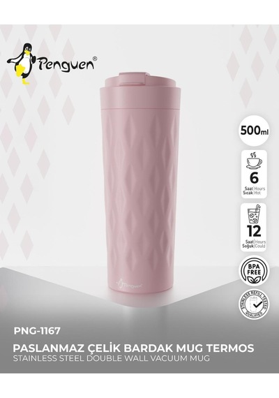 Png-1167 500ml Flip Kapak Desenli Çelik Mug 6 Saat Sıcak 12 Saat Soğuk Sızdırmaz & Bpa Free Pembe