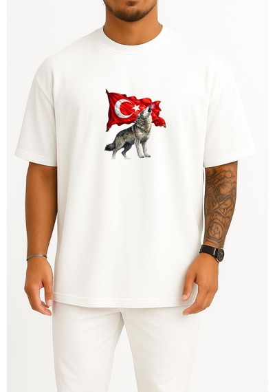 Bahriyeli Collection Oversize Türkün Nefesi Göğüs Ve Sırt Baskılı Unisex T-shirt Beyaz
