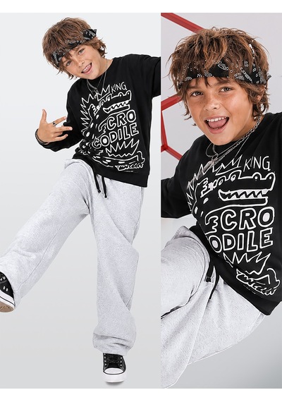 Erkek Çocuk Takım Timsah Baskılı T-shirt ve Kalın Eşofman Altı - Oversize (5-11 Yaş)