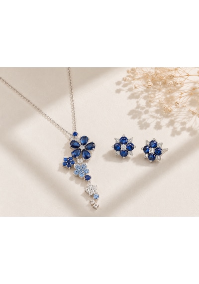 Safir Taşlı Pırlanta Model Çiçek Demeti Kadın Gümüş Kolye Küpe Seti Beyaz