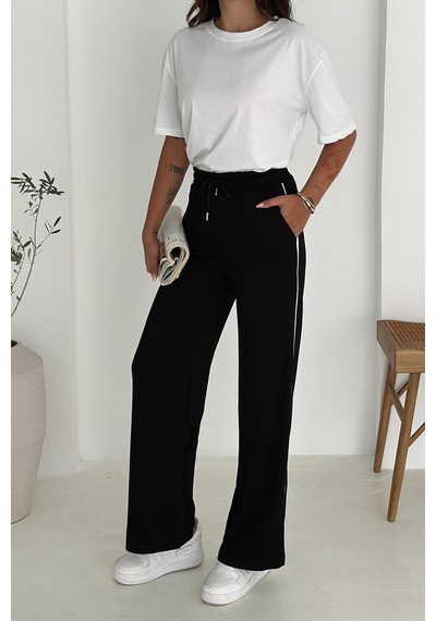 Noa & Noa Kadın Lastikli Bel Bağcıklı Bol Paça Pantolon Rahat & Minimal Stil Siyah
