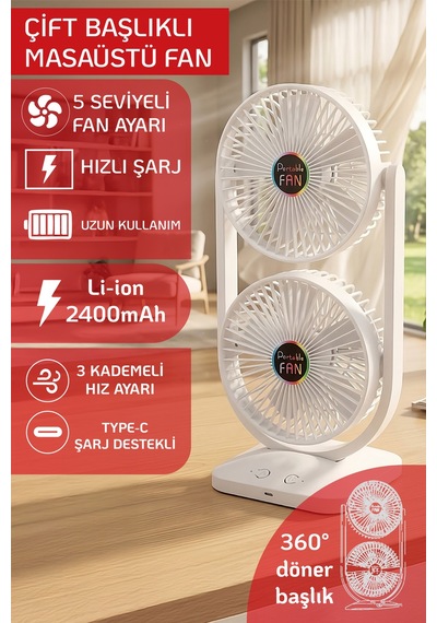 Masaütü Fan Çift Katlı Şarjlı Vantilatör Sessiz Çalışma Oynar Baş Type-c Hızlışarj 3 Kademe Soğutucu