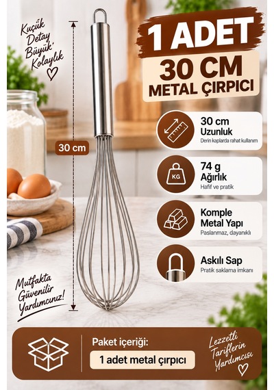 30 Cm Metal Çırpıcı Paslanmaz Çelik El Çırpıcısı Yumurta Kek Krema Sos Karıştırıcı Mutfak Gereci Tel Gümüş