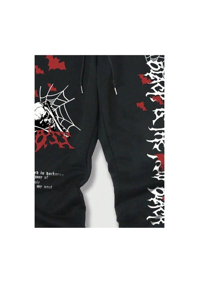Tarzsokak Goth Guys Skull & Slogan Graphic Drawstring Waist Eşofman Altı Siyah