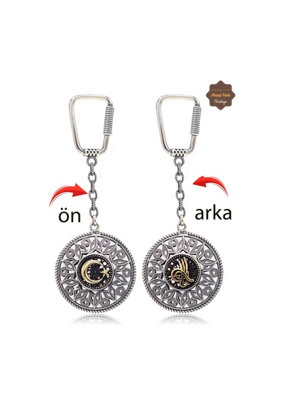 Ayyıldız Ve Tuğralı Lale Model Çift Taraflı Oksitli Gümüş Telkari Anahtarlık 201025182 Gümüş