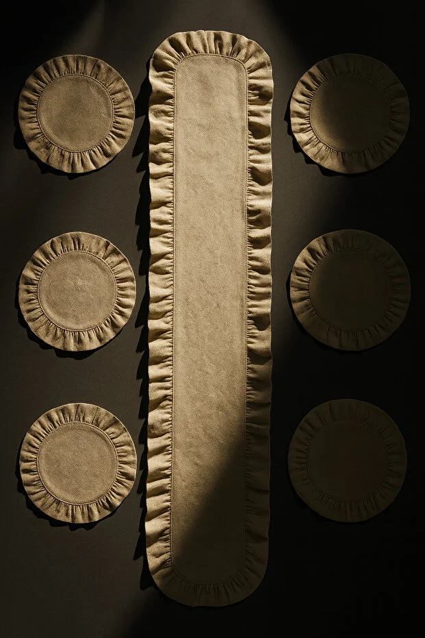 Yunusoğlu Home Fırfırlı Runner Ve Supla Takımı - Masa Örtüsü Takımı 7 Parça 150x50 Cm Bej