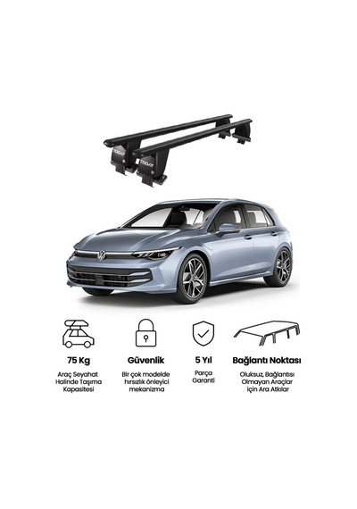 Royal Volkswagen Golf 2019 Ve Sonrası Uyumlu Siyah Kilitli Ara Atkı Port Bagaj Tavan Barı