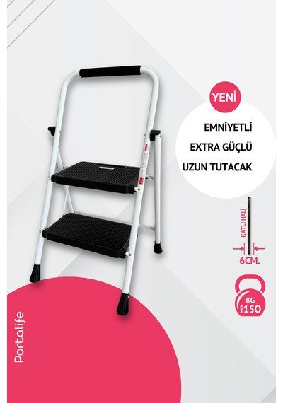 Portalife 2 Basamaklı Uzun Tutacaklı Şık Beyaz Çelik Merdiven - Katlanır 100 Cm'ye Kadar