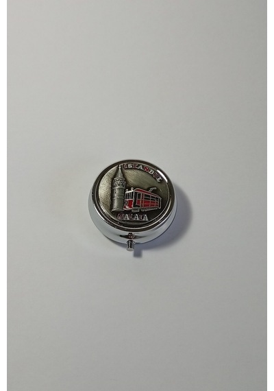 Mini Taşınabilir Cep Küllüğü - Gümüş Rengi Mini Cep Küllüğü - Çanta Küllüğü 5cm - İstanbul Galata Desenli Kapaklı Metal Mini Kül Tabağı