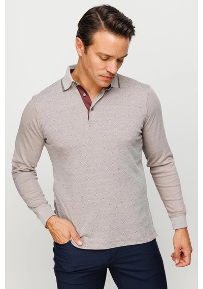 Desen Triko Erkek Polo Yaka Kare Desenli Uzun Kollu Sweatshirt Bej Bej