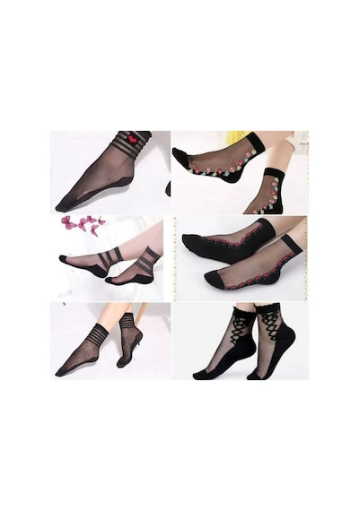 Ozzy Socks 6 Çift Kadın Siyah Desenli Tül Çorap Şık Ve Zarif Günlük Tasarımlı Modern Modeller Gümüş