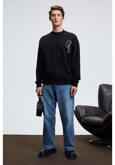 Grimelange ALDEN Erkek Yuvarlak Yaka Göğsü Ve Sırtı Baskılı Relaxed Fit Siyah Sweatshirt