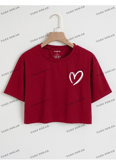 Flood Of Style Crop Ckod-232913 Kalp Desenli Kısa Bordo