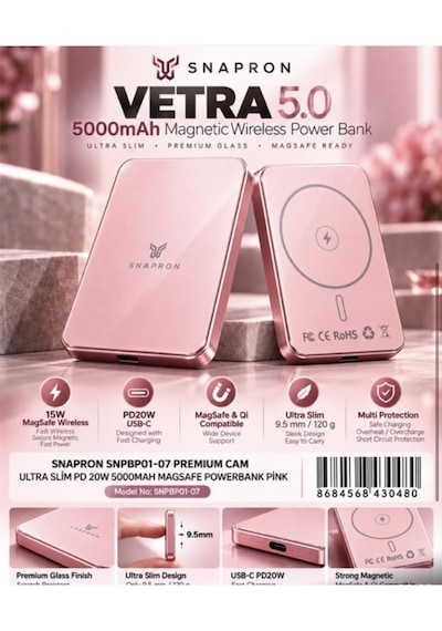 Snapron Snppb01-07 Pembe 5000 Mah Pd 20w Usb- C Magsafe Ultra Silim Magnetic Wireless Siyah