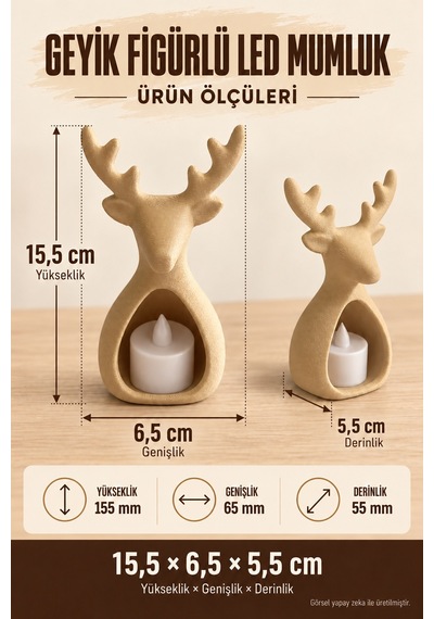 Geyik Figürlü Dekoratif Led Mumluk Bej, Çıkarılabilir Led Tea Light