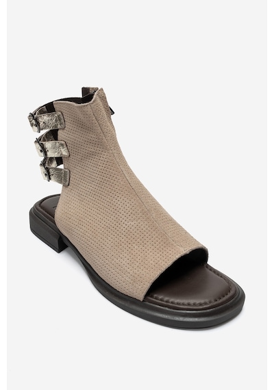 Luvishoes Carına Bej Süet Hakiki Deri Yandan Fermuarlı Kadın Sandalet