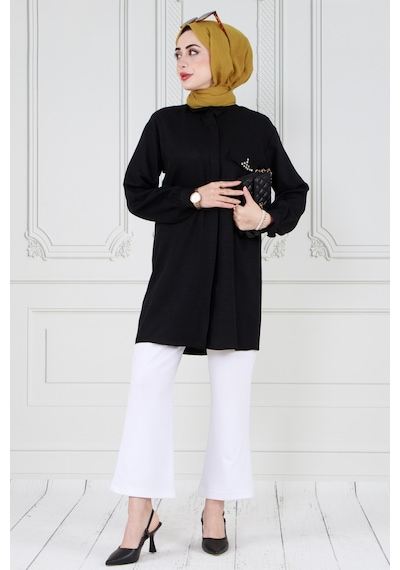 Sevitli Kapağı Taş Detaylı Tunik-siyah-3568-siyah Siyah