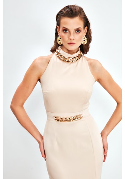 Sateen Zincir Aksesuarlı Crop Bluz - Bej