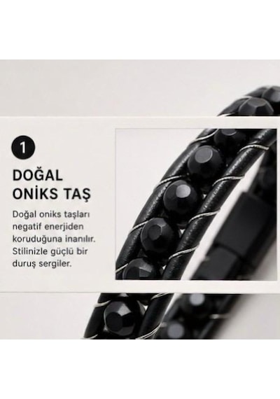Oniks Taşlı Erkek Deri Bileklik Çelik Halat Örgü, Premium Siyah Bileklik