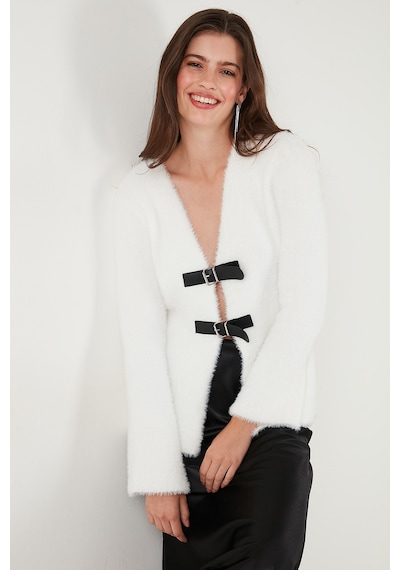 Lela Premium Regular Fit V Yaka Çift Kemerli Peluş Bayan Hırka 680Hi00112 Ekru