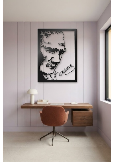 Atatürk Ve İmza Metal Duvar Tablosu - Duvar Sanatı - Duvar Dekoru - Siyah