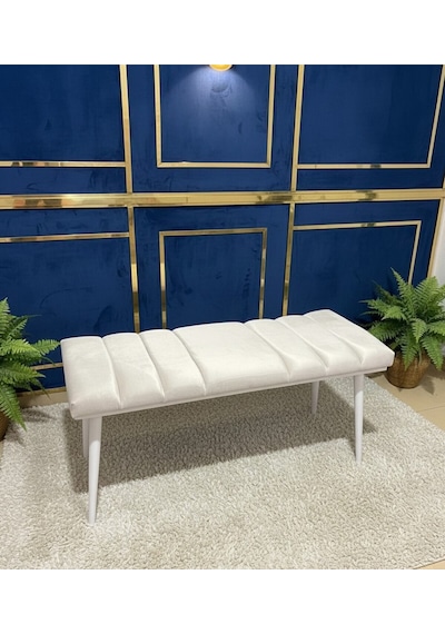 Özcan Metal Beyaz Metal Ayaklı Metal Kasalı Bench Mutfak Salon Antre Yatak Odası Balkon Puf Bank Bej