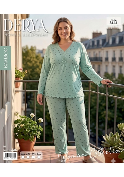 Derya Kadın Büyük Beden Dantel Yaka Bambu Uzun Kol İnce Pijama Takımı 8141y - 1 Adet Yeşil Derya Kadın Büyük Beden Dantel Yaka Bambu Uzun Kol İnce Pijama Takımı 8141y - 1 Adet Yeşil