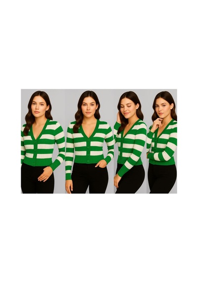 Hira Life Fashion Kadın Önü Düğmeli Ve Çift Renkli Çizgili Triko Hırka Yeşil Yeşil