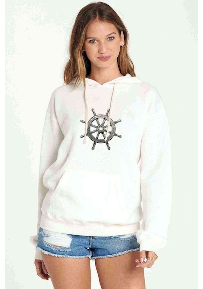 Gemi Dümeni Baskılı Beyaz Kadın Kapşonlu Sweatshirt