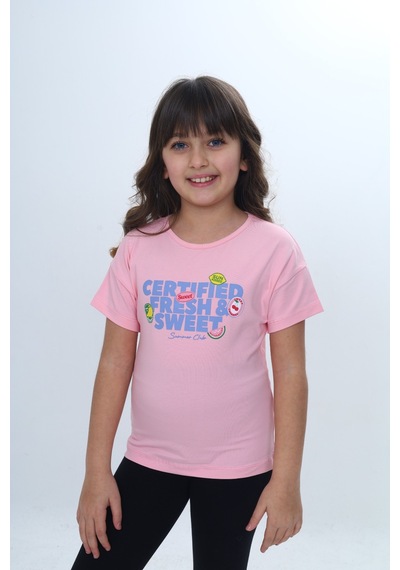 Toontoy Kids Toontoy Kız Çocuk Bisiklet Yaka Düşük Omuz Kısa Kollu Baskılı Tişört 24976 Pembe