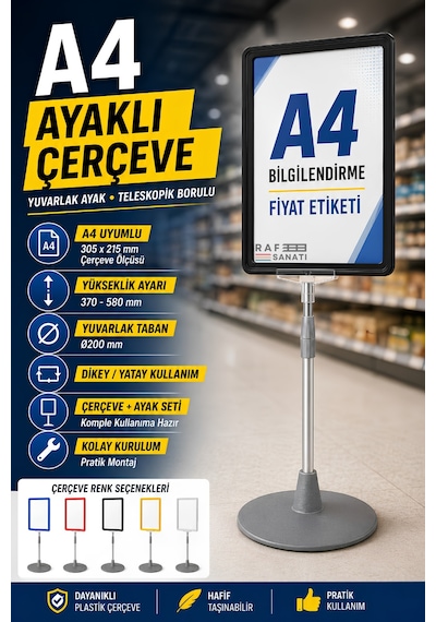 A4 Ayaklı Çerçeve Seti Yuvarlak Tabanlı Teleskopik Fiyat Etiketi Standı Siyah
