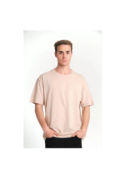 Unisex Düz Biskilet Yaka Oversize T-shirt - Bej 001