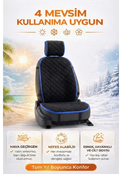 Oto Koltuk Kılıfı Tay Tüyü Tekli Ön Minder 4 Katmanlı Terletmez Airbag Uyumlu - Siyah Mavi