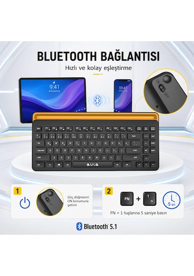 Aula AWK310 Bluetooth 5.1 Kablosuz Telefon Tablet Standlı TKL Türkçe Q Klavye