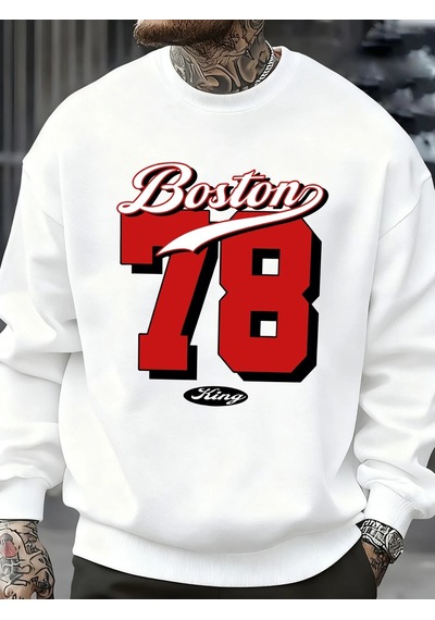 Startmore Tarzsokak Boston Numarası 78 Baskılı Erkek Kazak Rahat Hip Hop Kazaklar Vintage Büyük Boy Bisiklet Yaka Beyaz