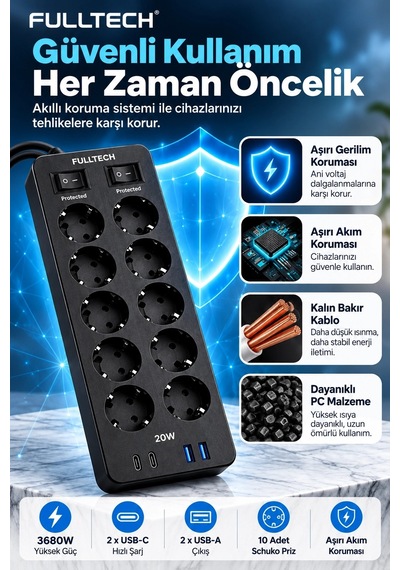 Akım Korumalı 10 Lu Çoklu Priz 3680w 20w Hızlı Şarj 2 Usb-c 2 Usb-a 2 Metre Kablolu Ftr-30 1