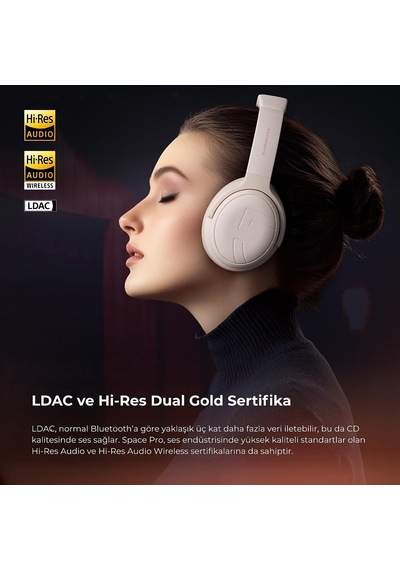 Space Pro Hi-res Ldac Bluetooth 5.4 Tws Kablosuz Kulak Üstü Kulaklık Bej