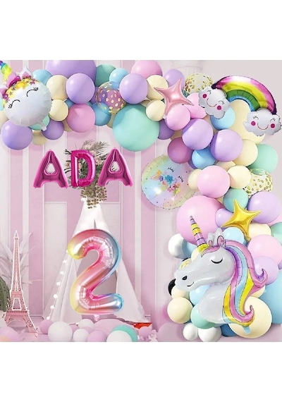 3 Harfli Yaş Seçenekli Gökkuşağı Konseptli Unicorn Temalı Makaron Balon Doğum Günü Parti Kutlama Seti 1