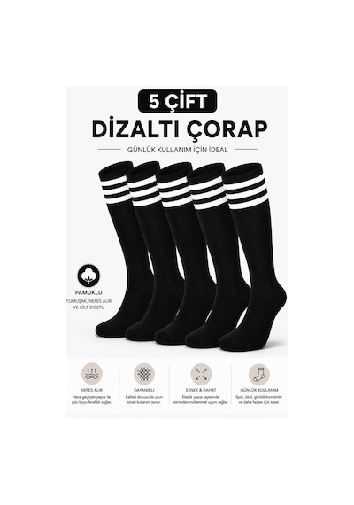 Hepsine Rakip 5 Çift Kadın Çizgili Dizaltı Çorap Spor Okul Günlük Pamuklu Kolej Çorabı Siyah